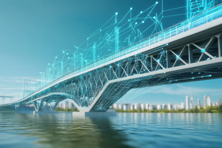 A futuristic bridge spans tranquil waters, illuminated by digital connections and bright technology-inspired graphics.の写真素材
