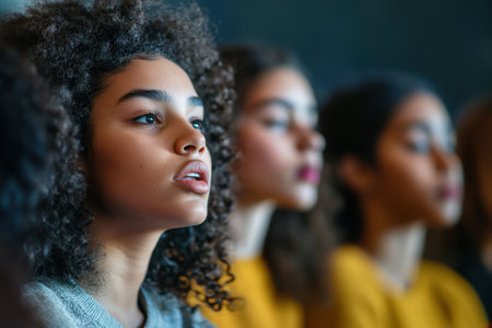 A diverse group of girls listens attentively, showcasing their expressions and participating in a collaborative setting.の写真素材