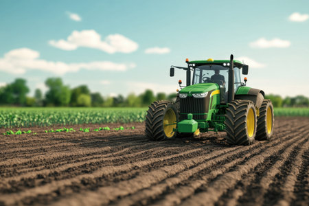 A large green tractor is working the soil in a bright, sunny agricultural area, preparing for planting.の写真素材