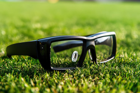 Sunglasses rest on lush green grass, capturing the warm glow of a sunny afternoon at the park.の写真素材