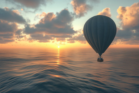 A colorful hot air balloon glides over calm water as the sun sets, casting warm light on the clouds and waves.の写真素材