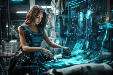 A fashion designer interacts with holographic displays while crafting innovative clothing designs in a workshop.の写真素材