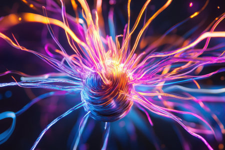 A vibrant display of swirling energy and light with glowing strands extending outward in various colors.の写真素材