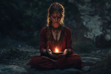 A woman dressed in vibrant clothing sits cross-legged at night, holding a glowing lamp, radiating calmness.の写真素材