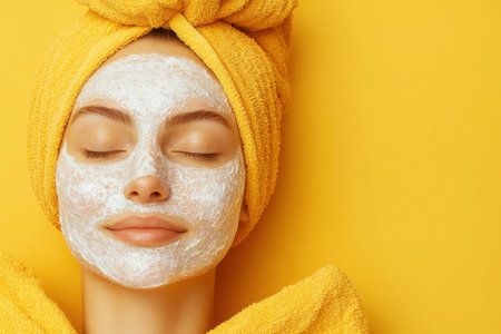 Young woman enjoys a soothing facial mask while wrapped in a towel, surrounded by vibrant yellow colors.の写真素材