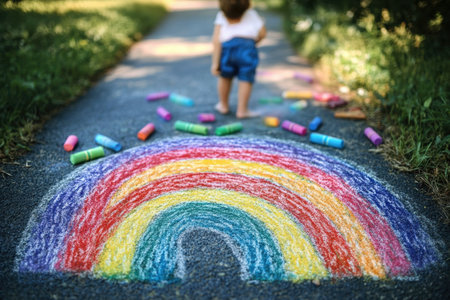 A young child uses sidewalk chalk to draw a large rainbow on a path, with scattered chalk tubes nearby.の写真素材