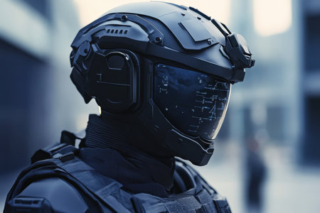 A soldier equipped with high-tech helmet and armor stands ready in a modern cityscape, displaying advanced technology.の写真素材