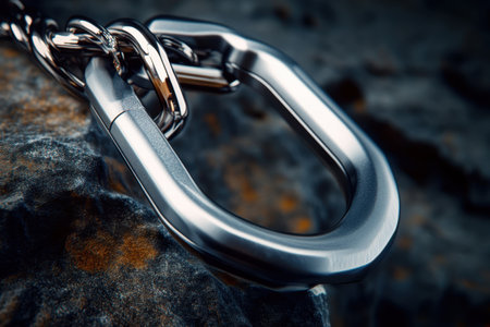 A close-up view of a shiny metal chain link resting on a rough rock surface, reflecting natural light.の写真素材