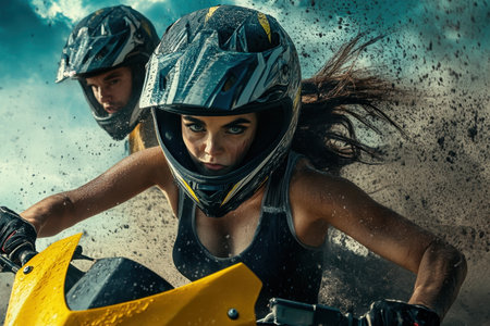 Two women in motocross gear navigate through dust and debris while racing with fierce concentration.の写真素材
