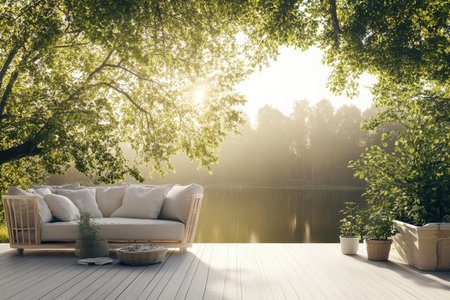 A stylish sofa sits on a wooden deck by a calm lake, surrounded by lush greenery and bathed in warm sunlight.の写真素材