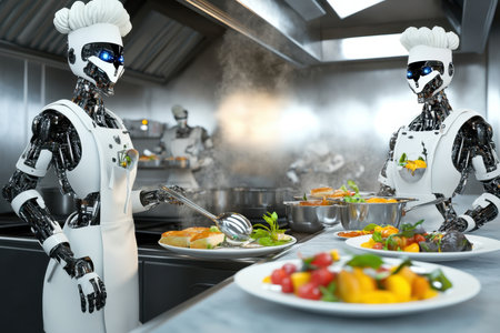 Futuristic robots work diligently in a sleek kitchen, plating colorful gourmet dishes while steam rises.の写真素材