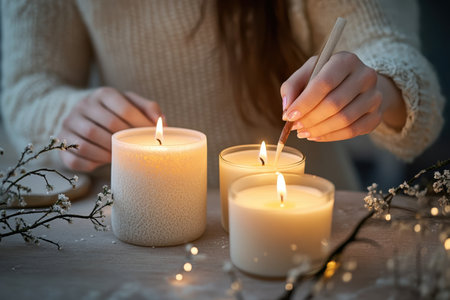 Hands gently decorate glowing candles with a brush, surrounded by twinkling lights and cozy atmosphere.の写真素材