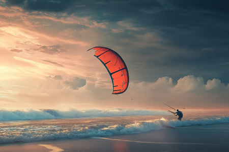A kite surfer skillfully maneuvers across the surf during sunset at a tranquil beach setting.の写真素材