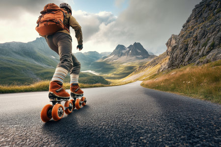 A person on roller skates maneuvers along a winding road nestled between majestic mountains under clear skies.の写真素材