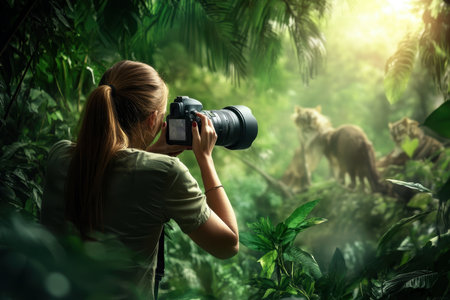 A photographer focuses on capturing majestic lions in a vibrant jungle, illuminated by soft evening light.の写真素材