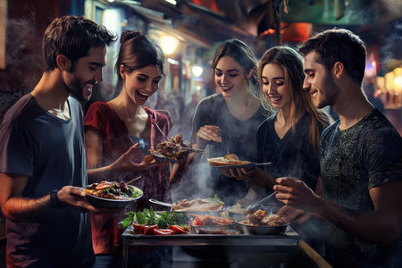 Group of friends sharing laughter and tasty dishes while dining outdoors at night in a bustling market atmosphere.の写真素材