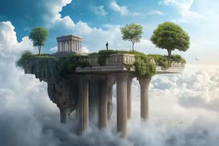 A man stands on a floating platform surrounded by clouds, featuring ancient columns, trees, and a temple-like structure.の写真素材