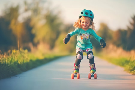 A cheerful child in a helmet practices roller skating on a sunny pathway surrounded by greenery.の写真素材