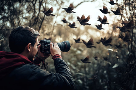 A man photographs a flock of birds as they soar through the trees at sunset in the forest.の写真素材