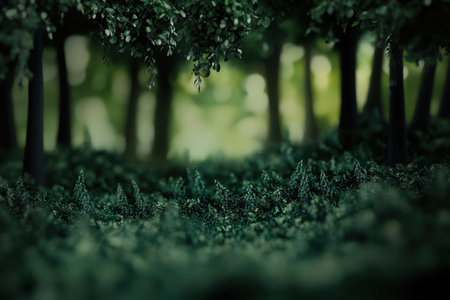 A serene forest filled with dense greenery and soft natural light creates a peaceful atmosphere.の写真素材