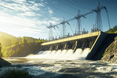 Water rushes from the hydroelectric dam into the river below, with power lines stretching across the sky during sunset.の写真素材