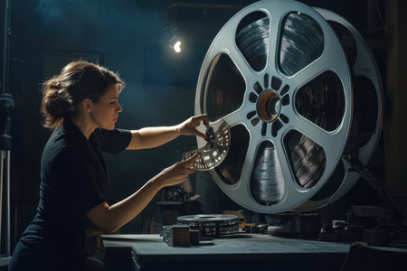 A woman inspects a film reel in a dimly lit workshop, surrounded by vintage cinematography tools.の写真素材
