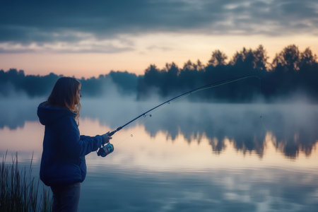 A woman stands by a tranquil lake, fishing as the sun rises and mist hovers over the water.の写真素材