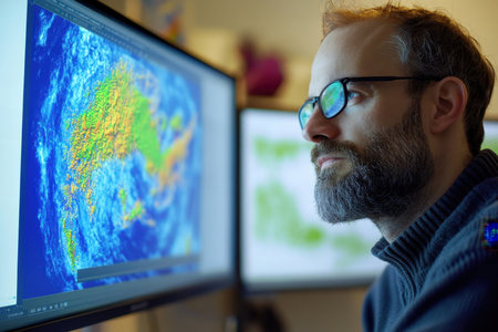 A scientist examines intricate weather data on a large monitor while working in an office setting.の写真素材