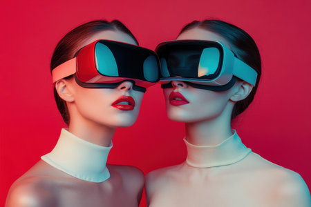 Two young women stand closely together, both wearing distinct virtual reality headsets against a vivid pink background.の写真素材