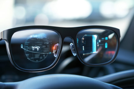 Smart glasses showcase augmented reality features with digital overlays inside a car dashboard setting.の写真素材