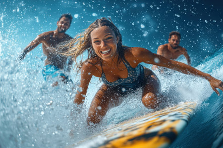 Three surfers ride the waves, splashing water while having fun under a bright blue sky.の写真素材