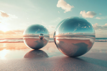Two shiny, reflective spheres rest on a sandy beach while the sun sets over the calm sea and clouds.の写真素材