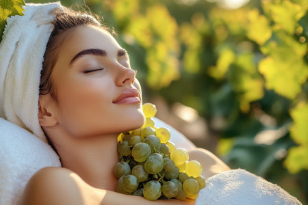 A woman enjoys a peaceful moment in a vineyard, holding fresh grapes and savoring the sunlight.の写真素材