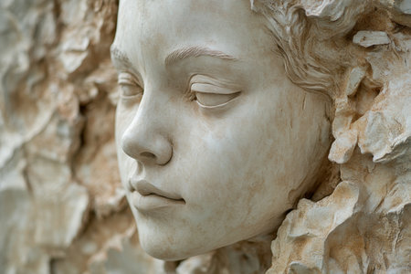 A detailed carving of a woman's face blends intricately with textured natural forms, highlighting artistry and skill.の写真素材