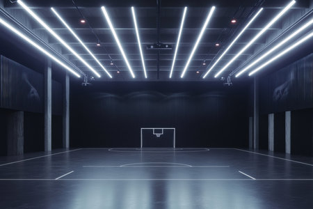 A spacious indoor sports venue features sleek lights and a basketball court in a minimalistic design.の写真素材