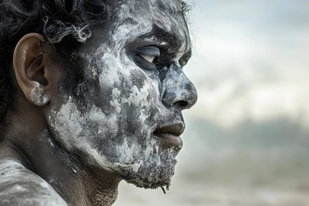Individual adorned with white paint looks contemplatively during a cultural event at dusk.の写真素材