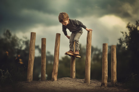A child is carefully balancing on a row of wooden posts in a natural setting, surrounded by greenery.の写真素材