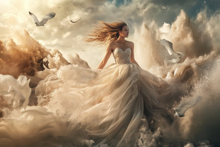 A woman elegantly poses in a flowing gown as clouds swirl around her during a colorful sunset, birds flying.の写真素材
