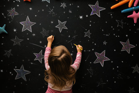 A young child decorates a black surface with colorful chalk, drawing stars and creative designs with focus.の写真素材