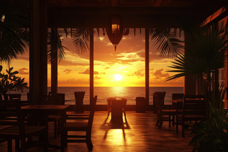 Guests relax inside a tropical restaurant as a vibrant sunset casts golden rays over the ocean.の写真素材