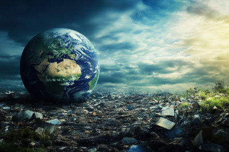 A creative representation shows Earth amid a landscape marred by waste, emphasizing pollution concerns.の写真素材