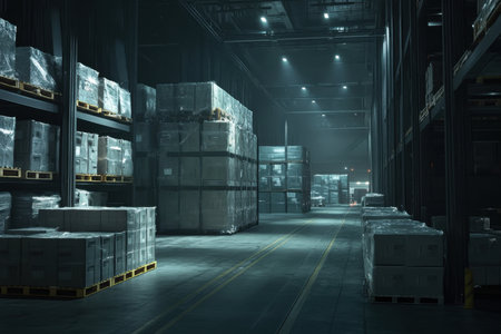 Stacks of boxes are arranged on pallets in a dark warehouse space surrounded by beams of light.の写真素材