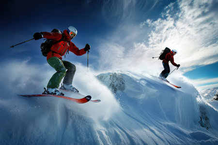 Skiers navigate a steep, snowy slope, carving turns as they enjoy a bright day in the mountains.の写真素材