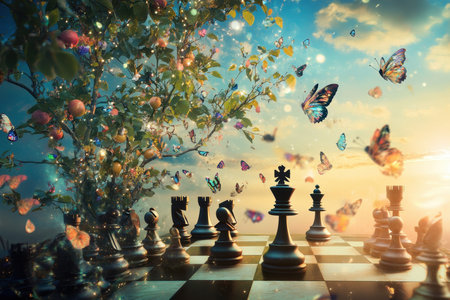 A chess board is set in an enchanting landscape filled with butterflies and lush greenery during sunset.の写真素材