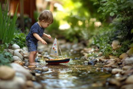 A young child joyfully interacts with a toy sailboat in a gentle garden stream surrounded by greenery.の写真素材