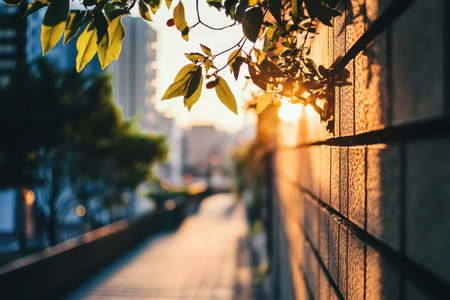 A serene stroll along a city walkway during sunset, with sunlight shining through fresh leaves.の写真素材