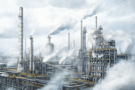 Tall smokestacks emit vapor and smoke at a sprawling industrial complex under a gray sky.の写真素材