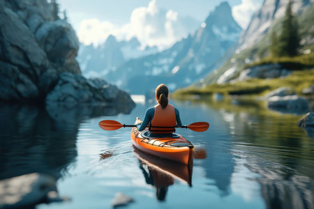 A person paddles a kayak on calm water, surrounded by stunning mountain landscapes under a clear sky.の写真素材