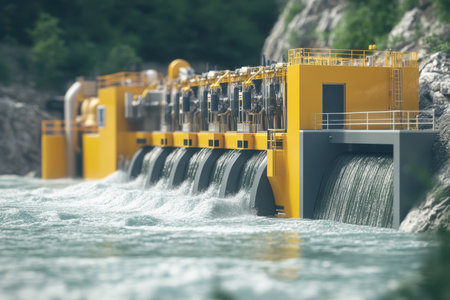 Water flows vigorously over the dam at the hydroelectric facility, showing sustainable energy generation.の写真素材