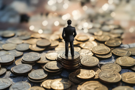A businessman in a suit surveys his surroundings while standing atop piles of coins on a reflective surface.の写真素材